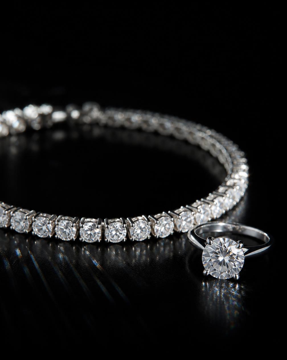 Diamond tennis bracelet and solitaire ring on a dark reflective surface