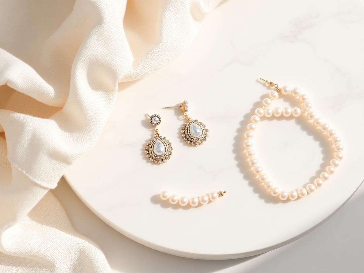 Pearl earrings and a pearl strand on white marble