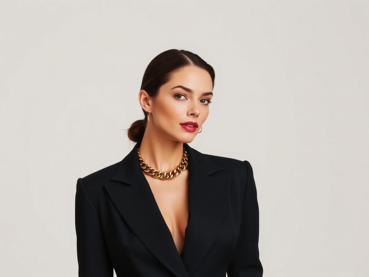 Woman in a black blazer wearing a bold gold chain necklace
