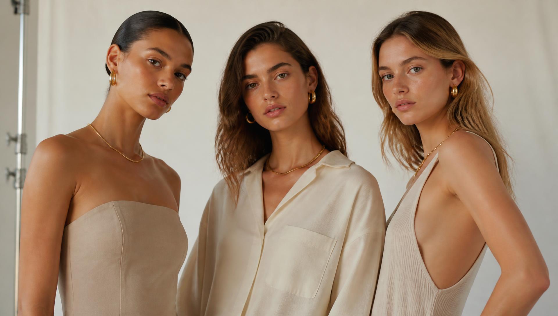 Three models wearing Orabela gold jewelry in a casting studio