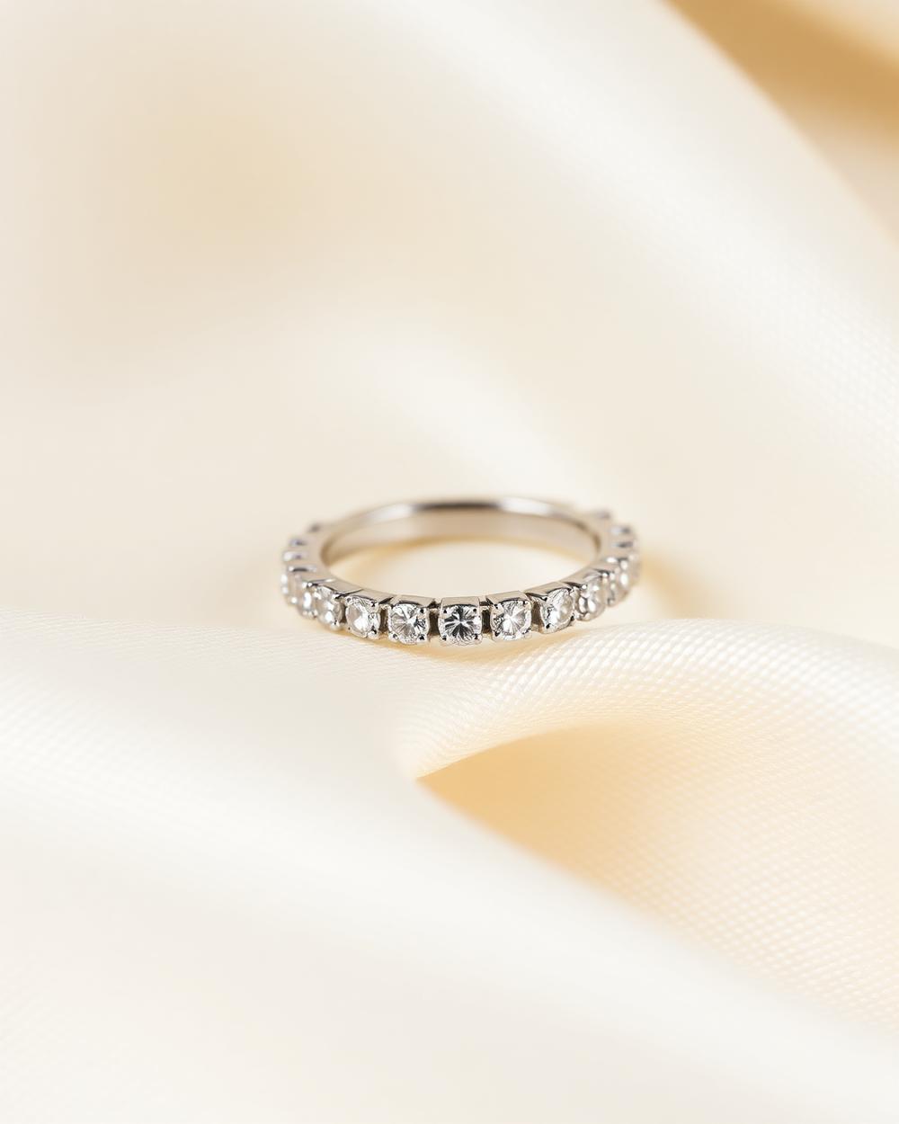 Eterna diamond eternity band on cream silk