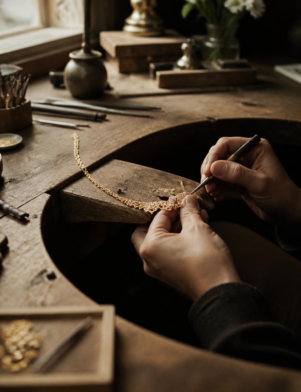 An Orabela jeweller finishing a fine gold necklace at the workbench