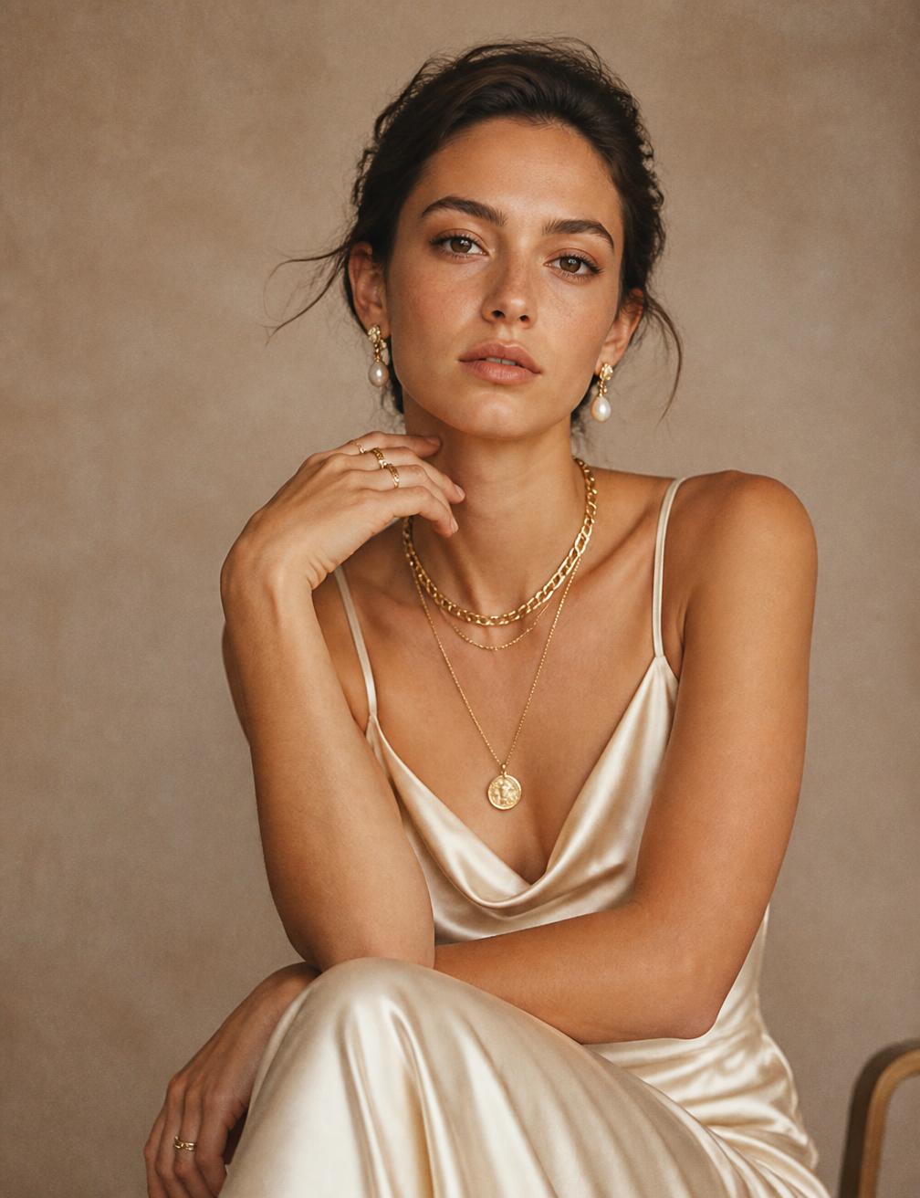 Confident woman in a cream silk dress wearing Orabela gold and pearl jewelry